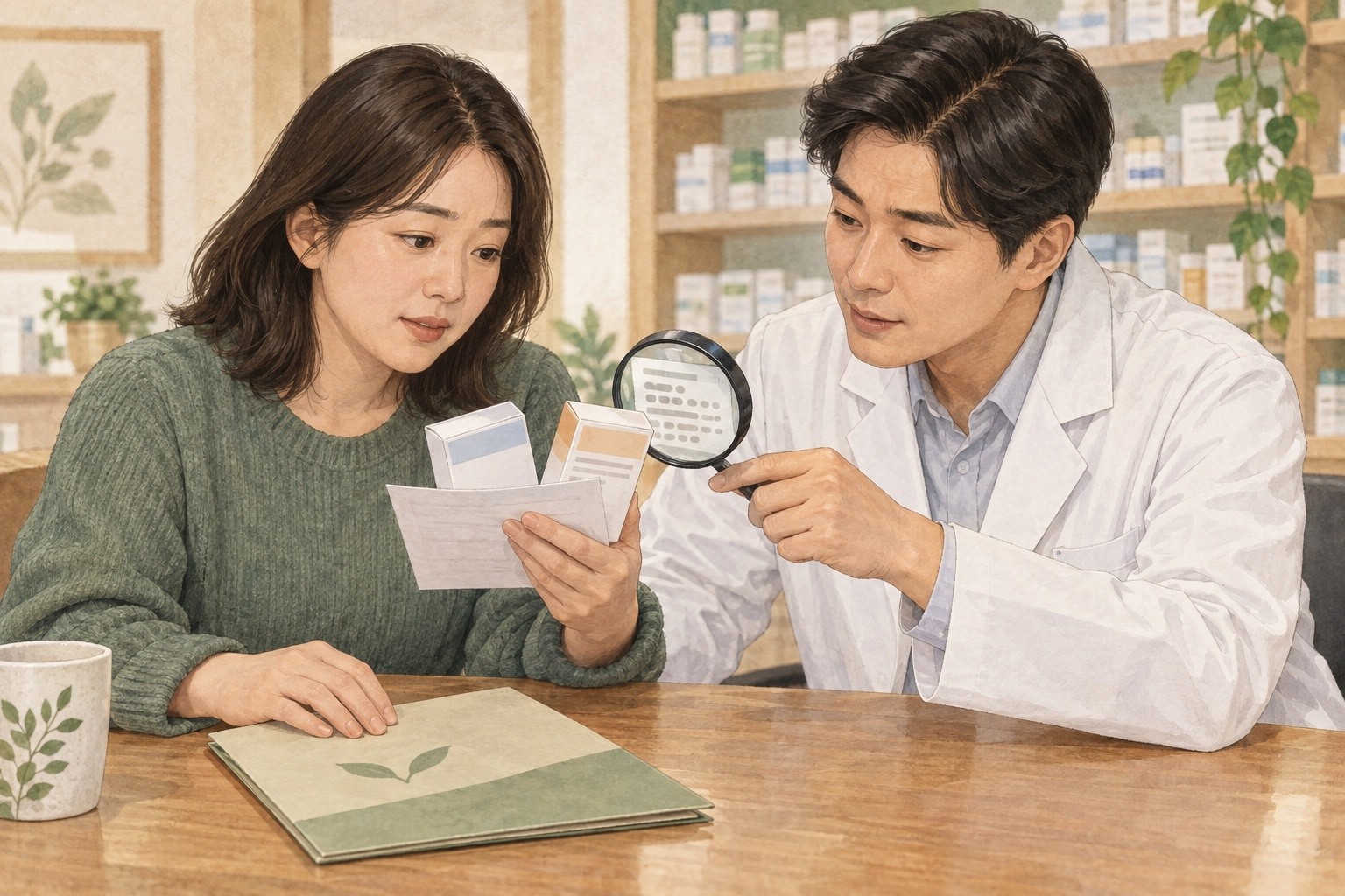 환자가 기존 약 포장과 처방전을 보여주고 약사와 성분을 확인하는 가상 상담 장면
