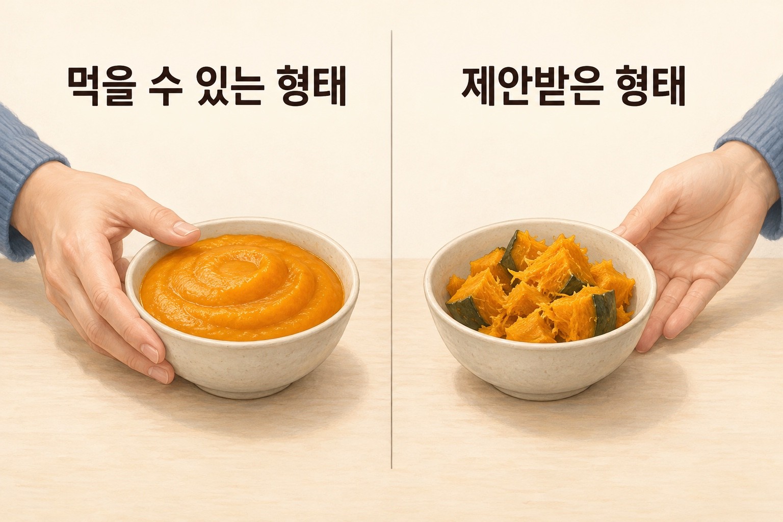 같은 호박을 매끈한 퓌레와 거친 덩어리로 나눠 먹을 수 있는 형태와 제안받은 형태를 비교한 예시