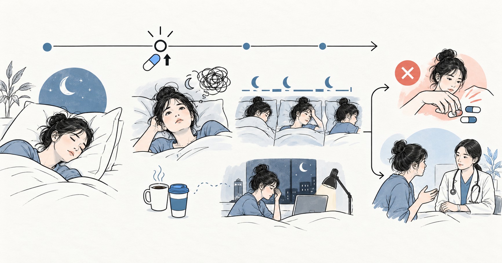 체중치료 용량 변경 뒤 수면 악화와 다른 요인을 나누는 시간축 그림