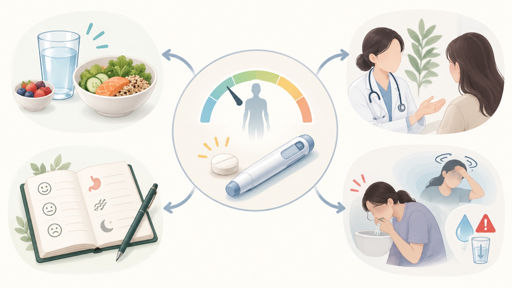 낮은 용량의 체중약에 큰 반응을 보인 환자가 식사와 수분, 증상 기록, 진료 재평가로 나뉘는 흐름